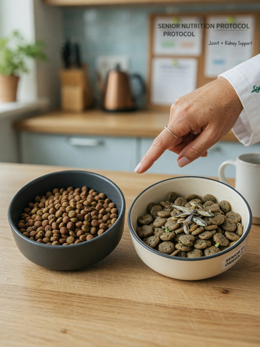Two cat food bowls compared side by side—standard adult formula and premium senior formula with omega-3 enrichment.