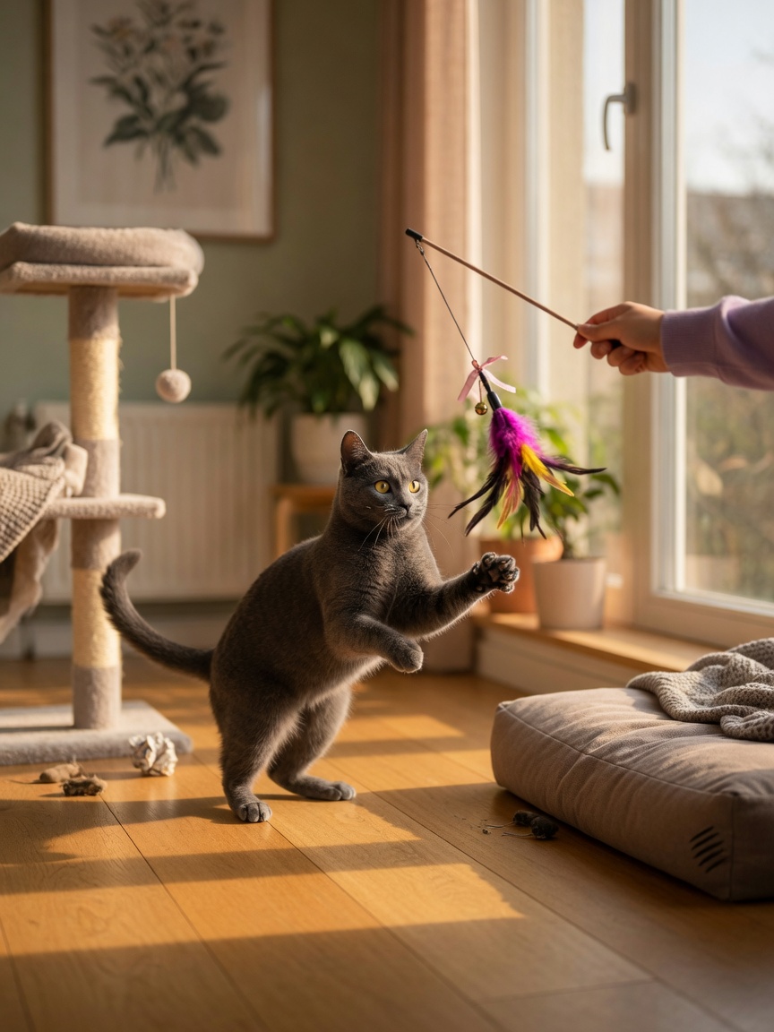 A gray cat actively playing with a feather toy during daytime near a sunlit window, showing enrichment activities