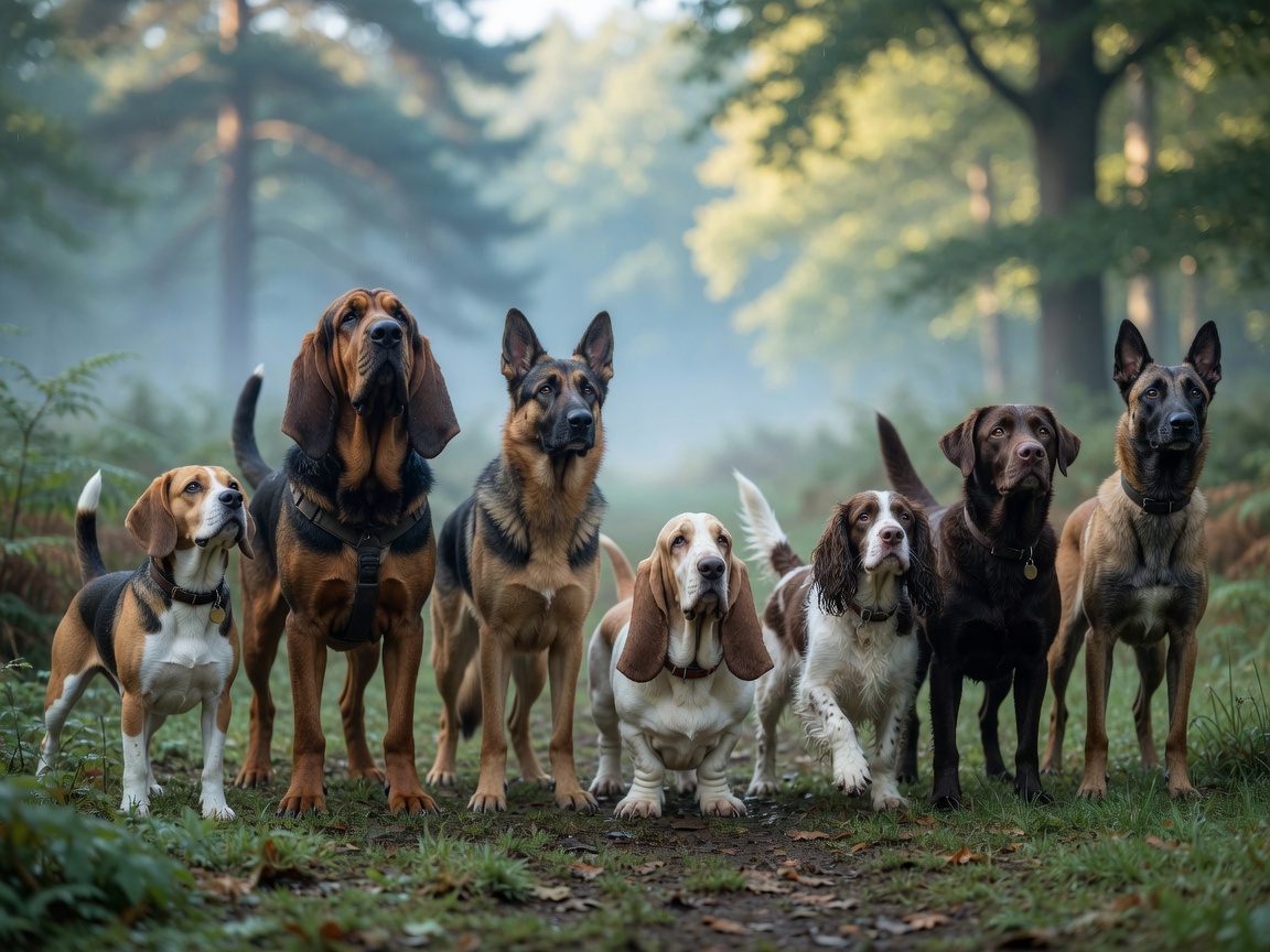 Sete raças de cães de deteção de aromas em pé juntos ao ar livre, mostrando as suas características físicas distintas