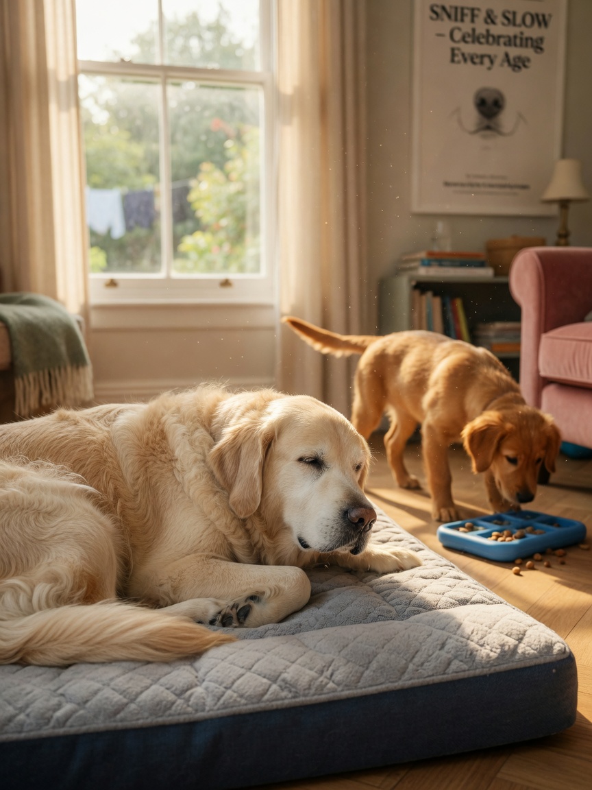 Golden Retriever sénior descansando pacificamente junto a uma janela ensolarada enquanto um cão mais jovem se envolve com um brinquedo de puzzle de aromas