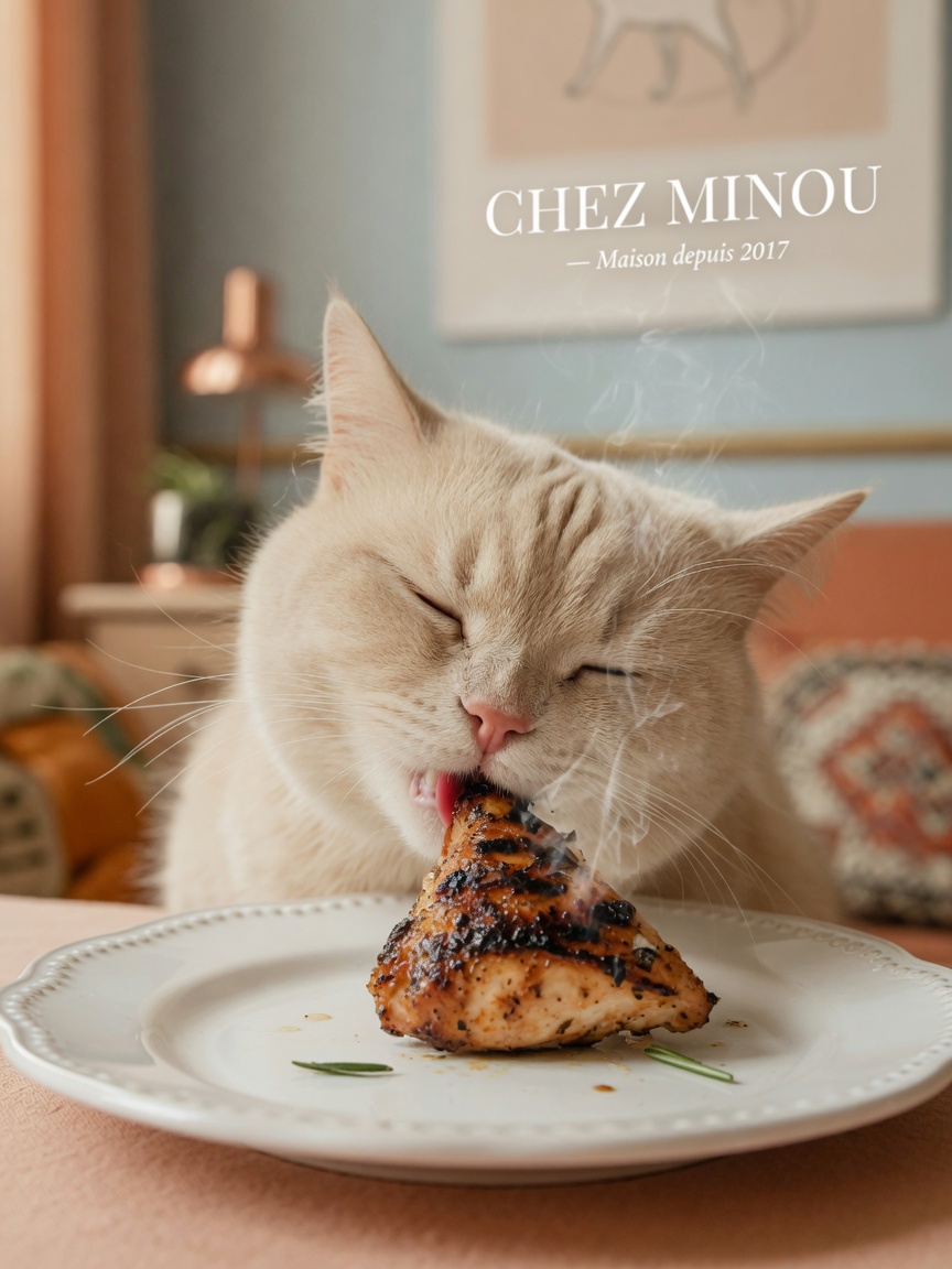 A cat enjoying the taste of umami-rich grilled meat with a blissful expression, demonstrating the intense flavor sensitivity cats have to savory foods
