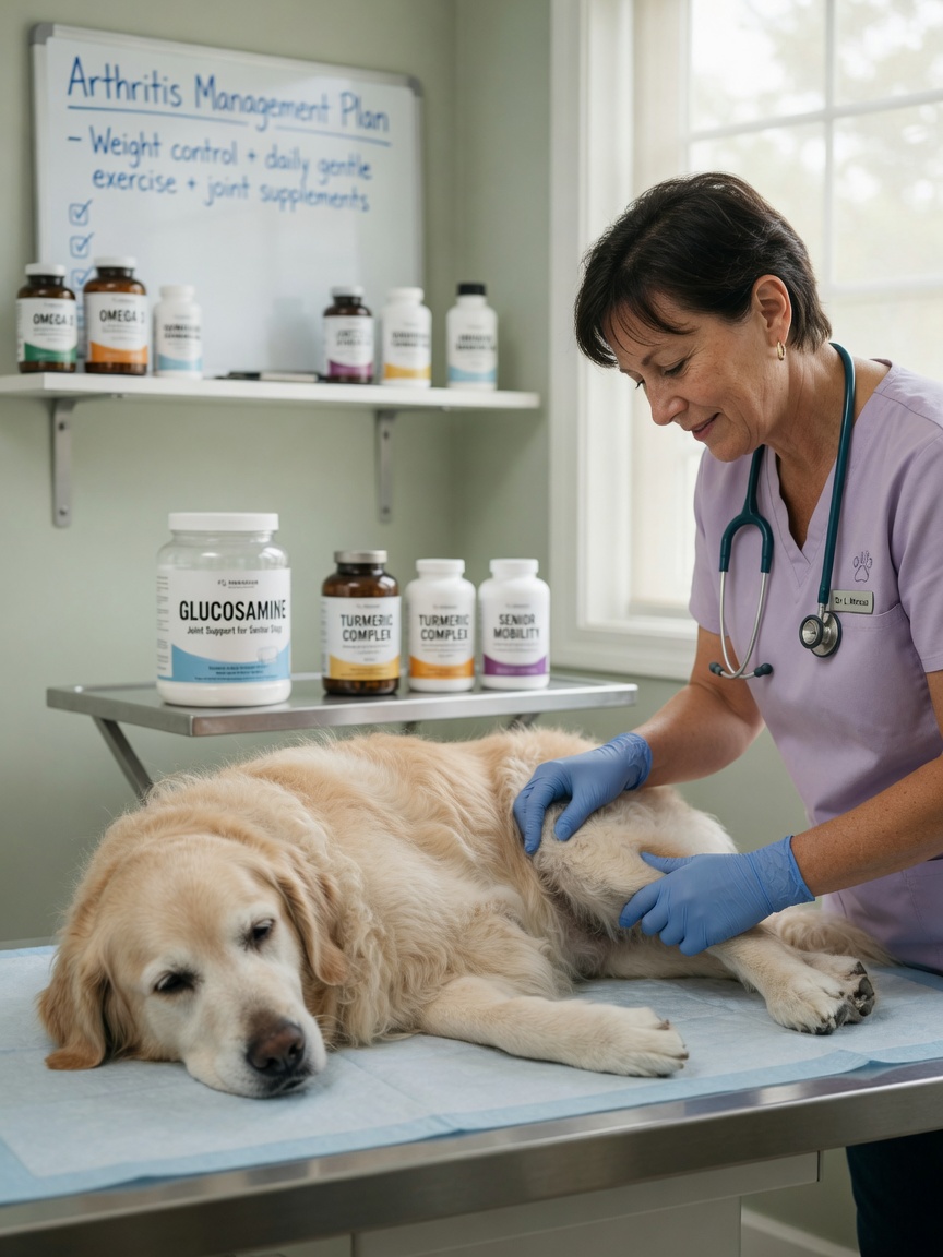 Senior golden retriever receiving joint health examination from veterinarian in bright clinic room