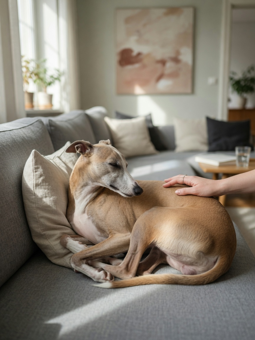 A calm Whippet resting on a sofa indoors, displaying the breed's gentle and affectionate indoor temperament