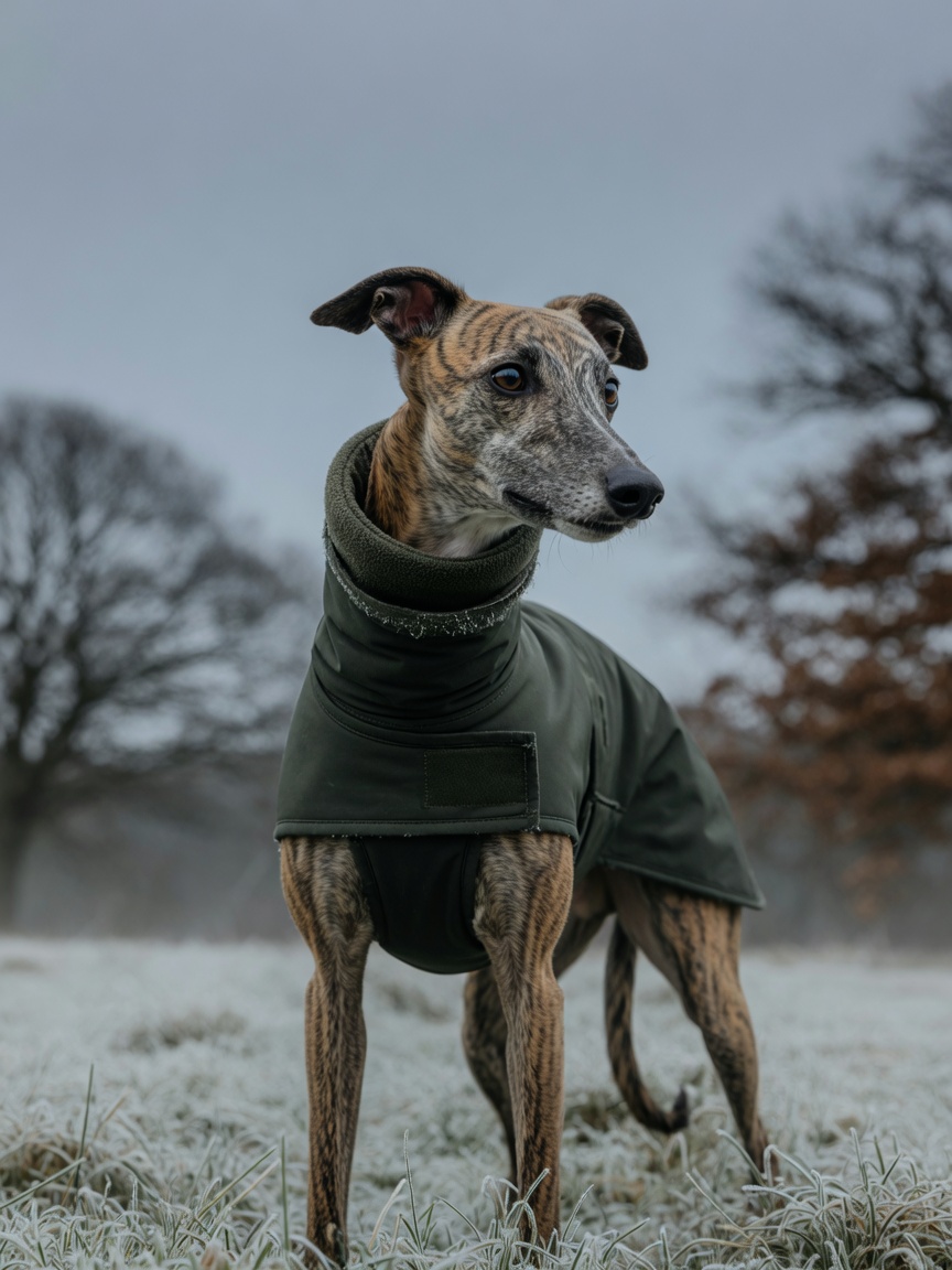 A Whippet wearing a practical winter coat on a cold grey day, demonstrating the breed's need for cold-weather protection
