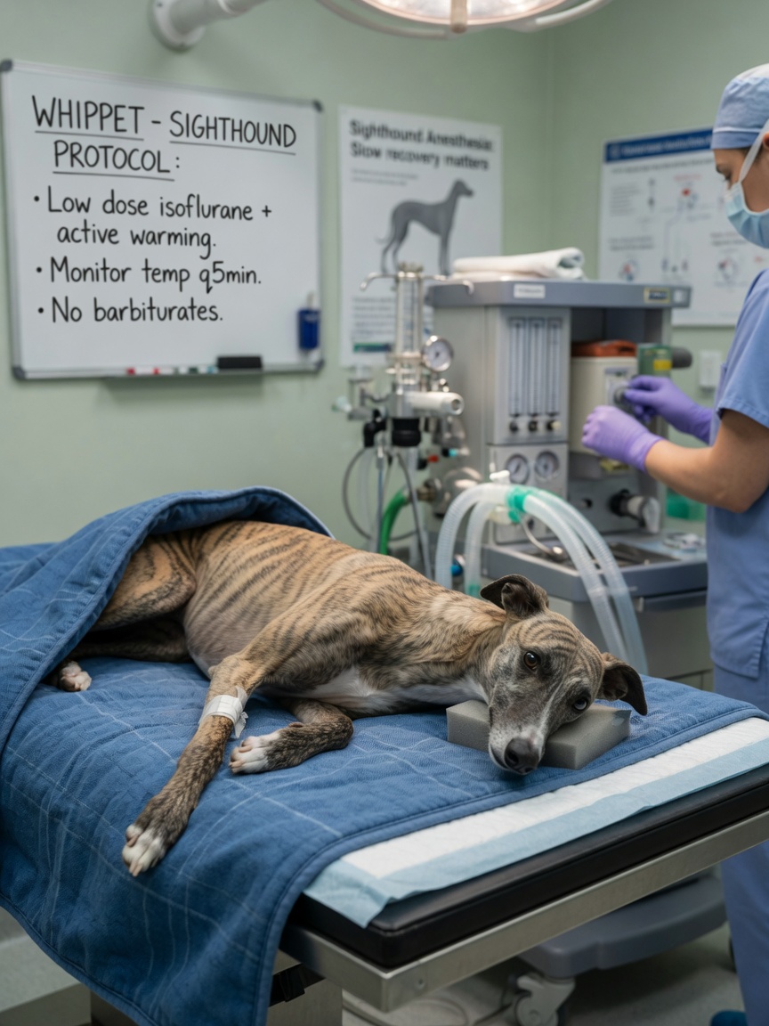 Whippet undergoing anesthesia with specialized monitoring and heating equipment during surgery