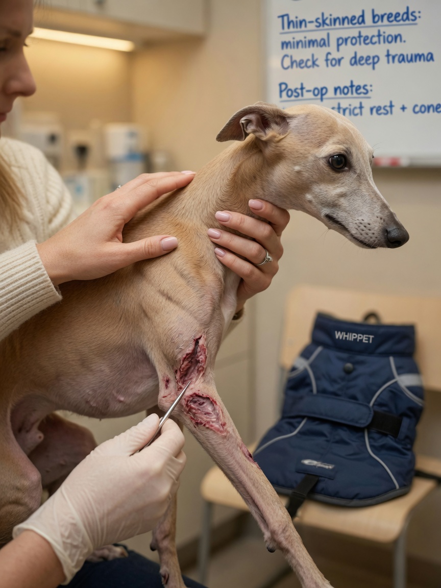Veterinarian examining a laceration on a whippet's leg, revealing vulnerability of thin skin and coat