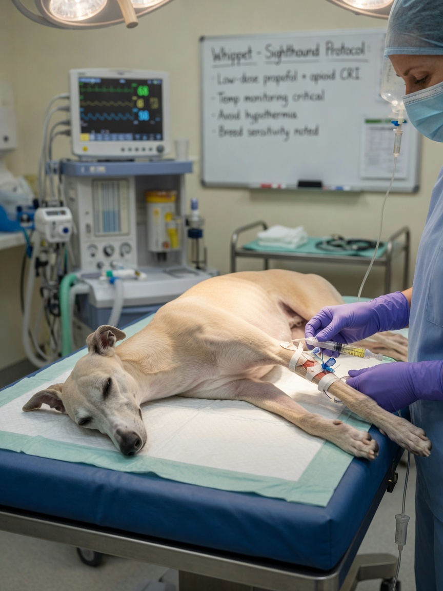 Anestesista administrando anestesia cuidadosamente a un Whippet durante procedimiento quirúrgico con protocolo especializado para galgos