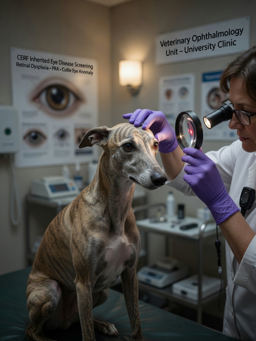 Oftalmólogo veterinario realizando examen oftalmológico especializado en un Whippet para detectar displasia retiniana