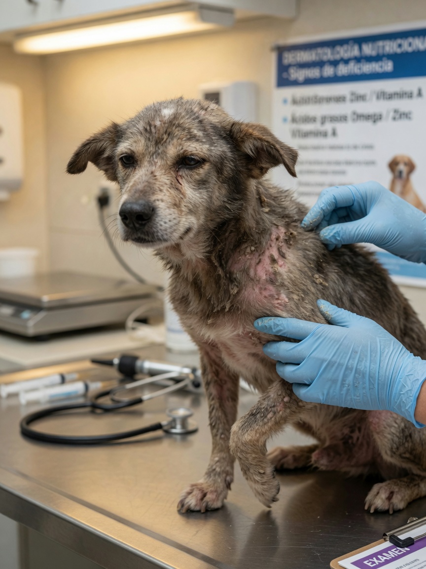 Dog with poor coat condition and skin problems being examined by veterinarian during consultation