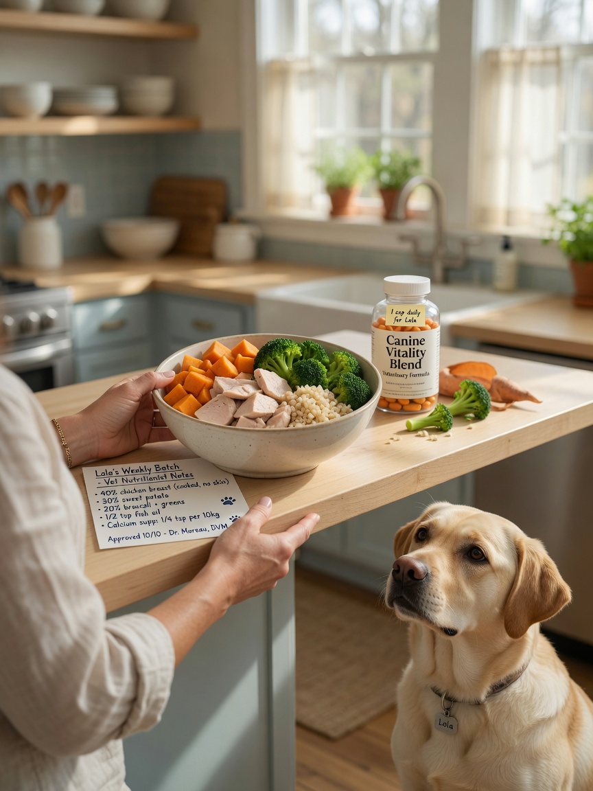Home-prepared dog meal with fresh ingredients and vitamin supplement, healthy Labrador watching from kitchen floor