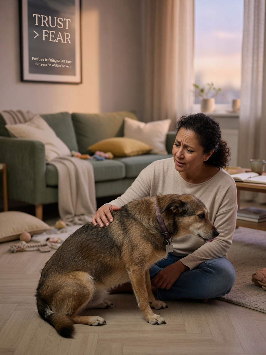 Dog owner comforting an anxious dog showing stress signals, illustrating the emotional impact of punishment-based training