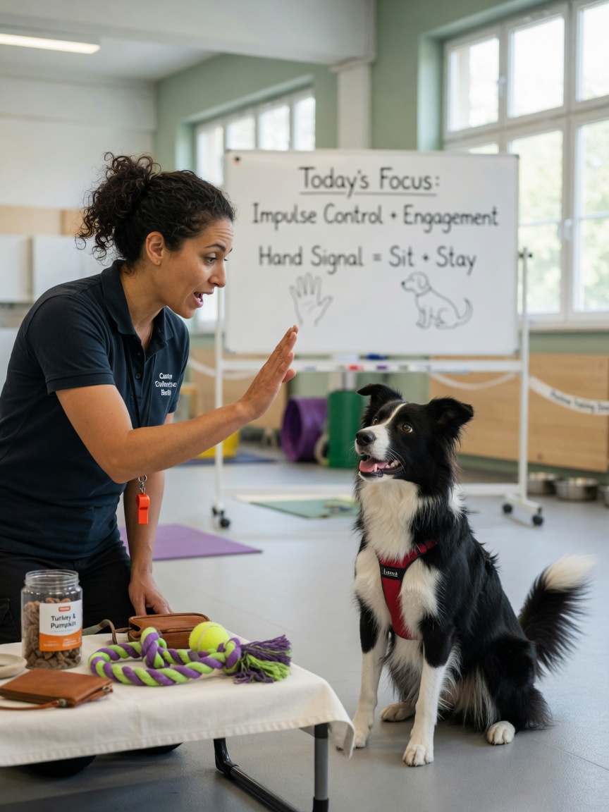 Professional dog trainer using positive reinforcement methods with happy, engaged dog responding to clear training cues
