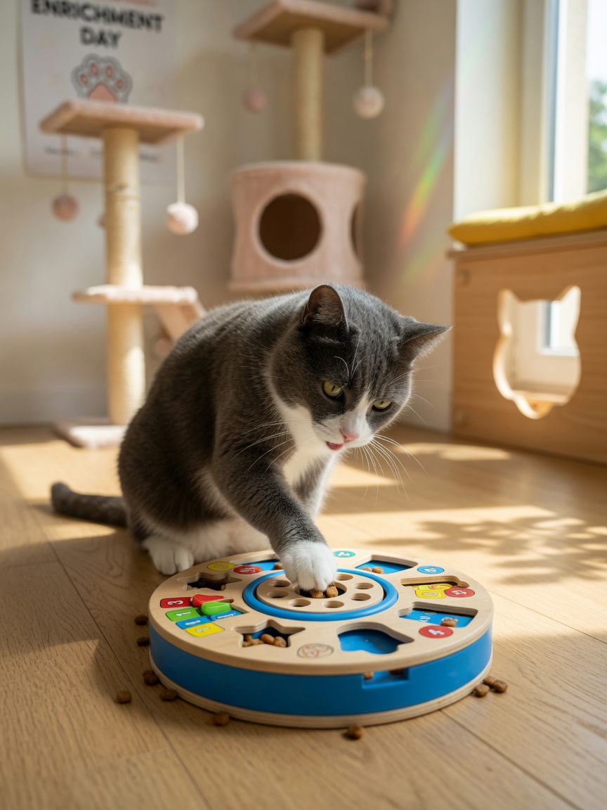 A focused cat playing with an interactive puzzle feeder toy on a wooden floor with enrichment structures visible behind.