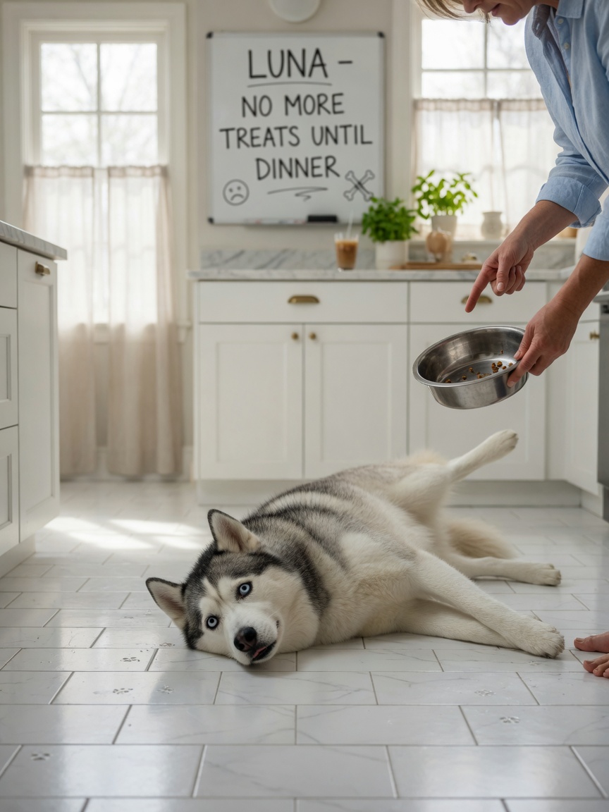 Siberian Husky dramatically sprawled on kitchen floor with exaggerated sad expression while owner holds food bowl
