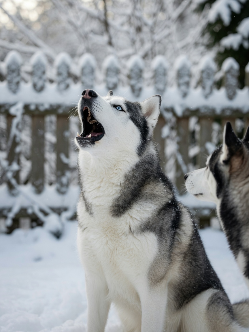 Siberian Husky howling with mouth open wide in snowy outdoor setting, capturing their famous vocalization