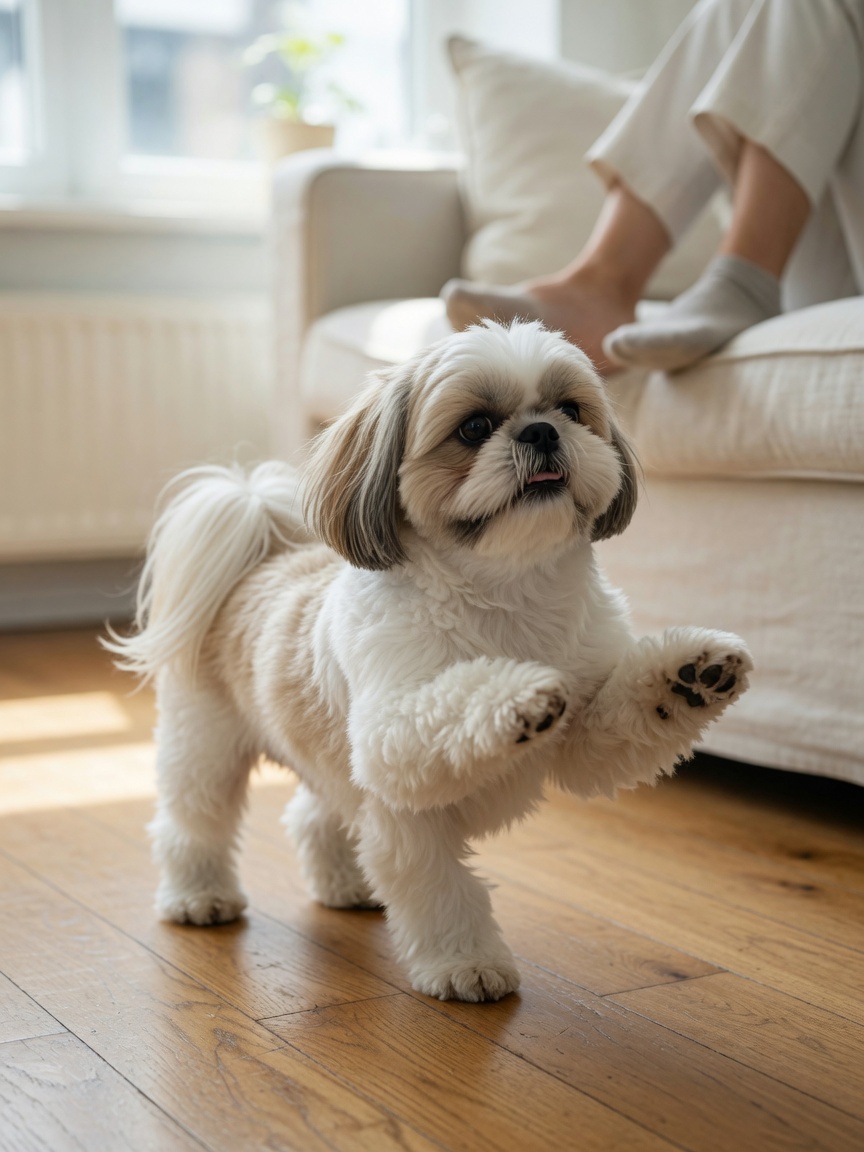 Shih Tzu performing the characteristic shuffle with high-stepping prancing gait