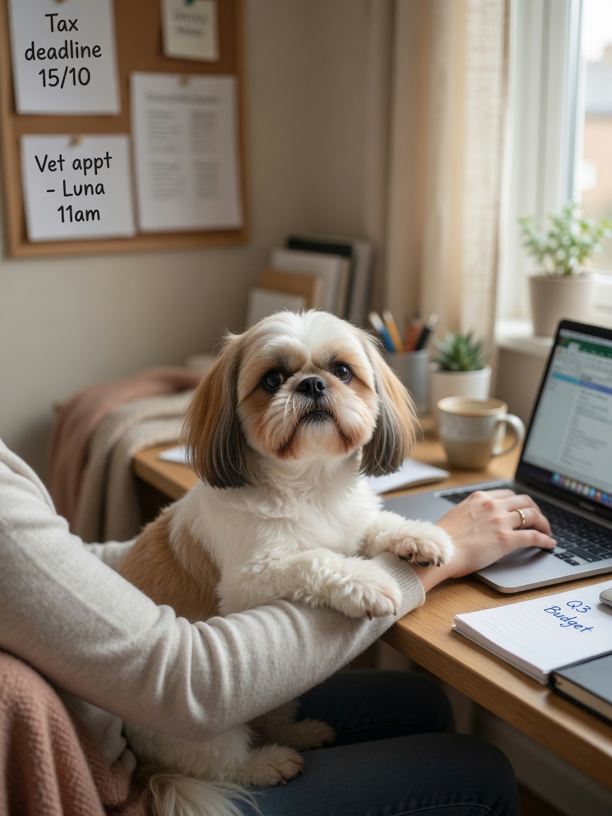Shih Tzu demanding attention by pawing at owner's arm while sitting on their lap at desk