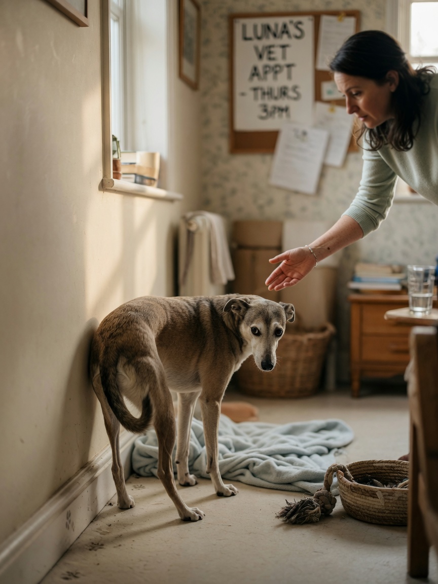 An anxious dog with withdrawn posture standing in a corner while owner reaches out gently in a home setting