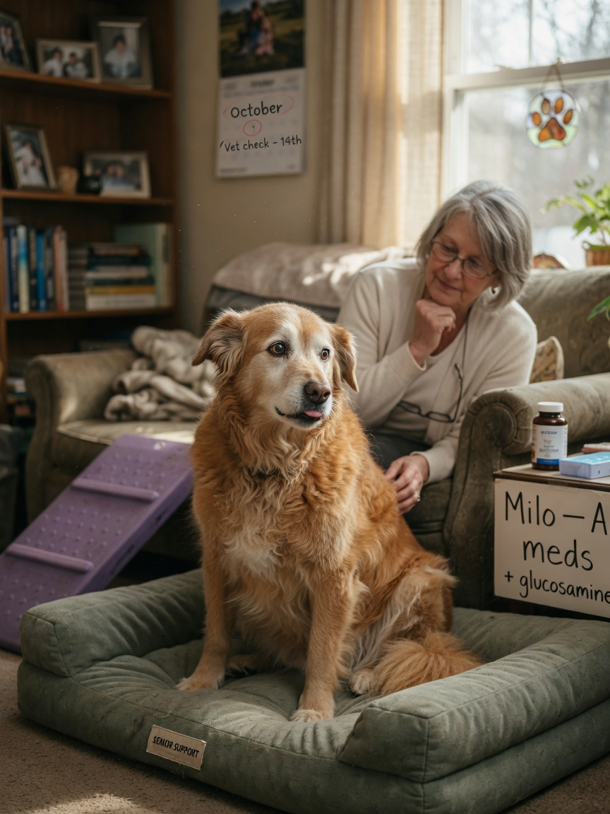 An elderly greying dog resting on a cushioned bed with the owner observing nearby in warm natural light