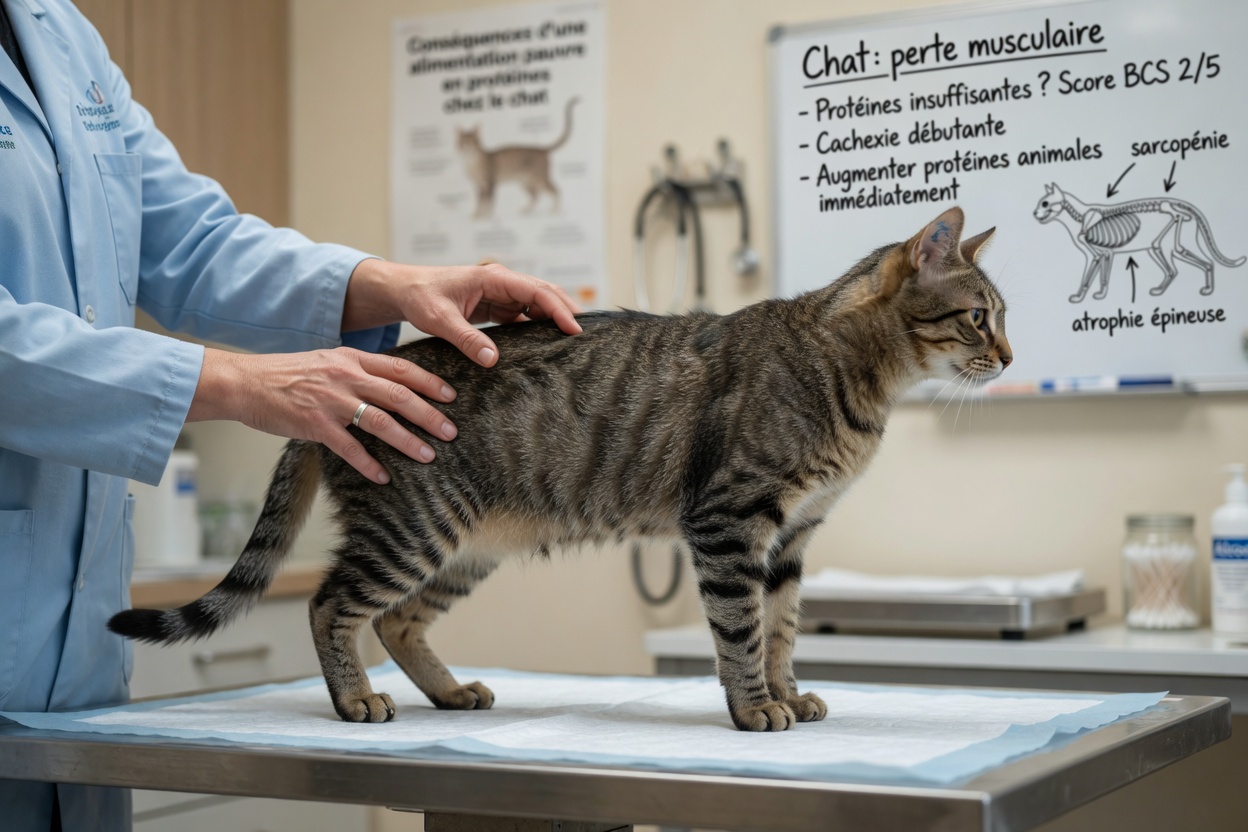 A lean tabby cat on a vet exam table with veterinarian palpating muscle, illustrating protein deficiency and muscle wasting
