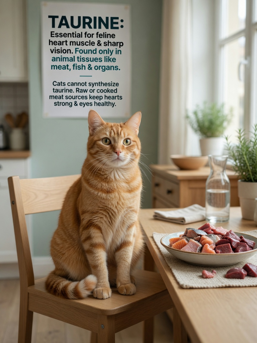 A healthy ginger cat with bright eyes near raw fish and meat, emphasizing taurine's importance for feline heart and vision health