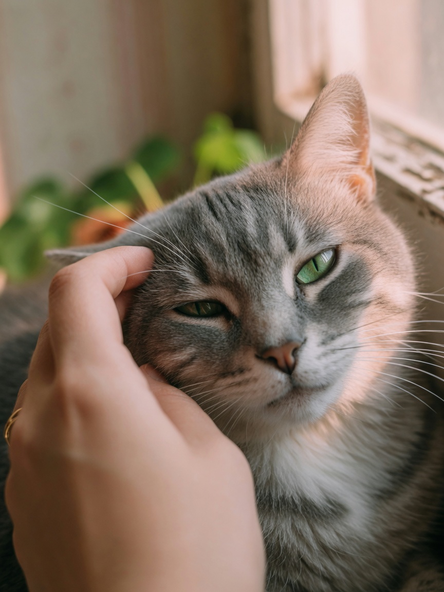 Een kat die langzaam knipoogt terwijl een hand van een persoon zacht zichtbaar is in een warm, teder moment