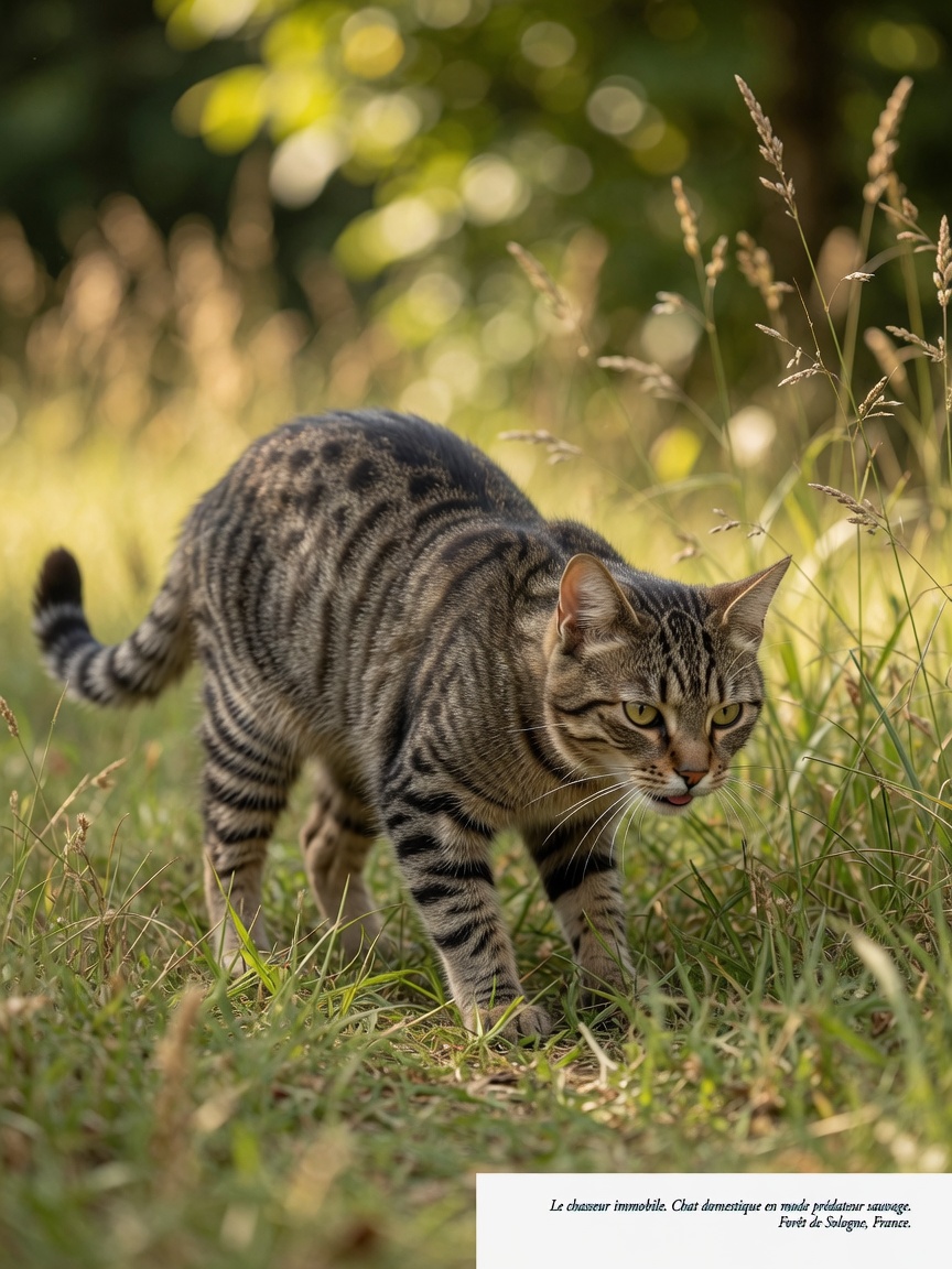 Domestic tabby cat in hunting crouch position in tall grass, demonstrating predatory instinct
