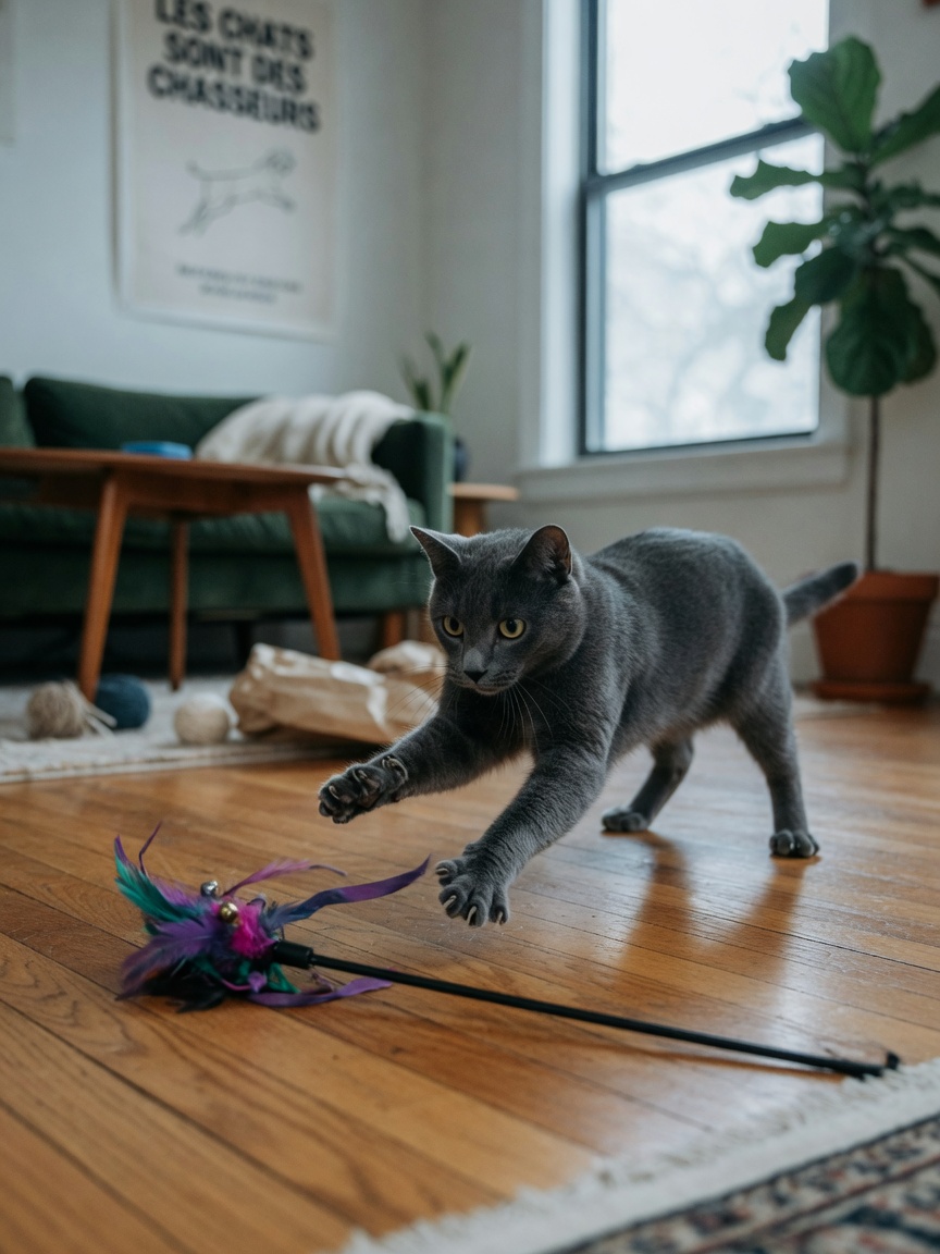 Gray cat pouncing on a feather wand toy during interactive play session indoors