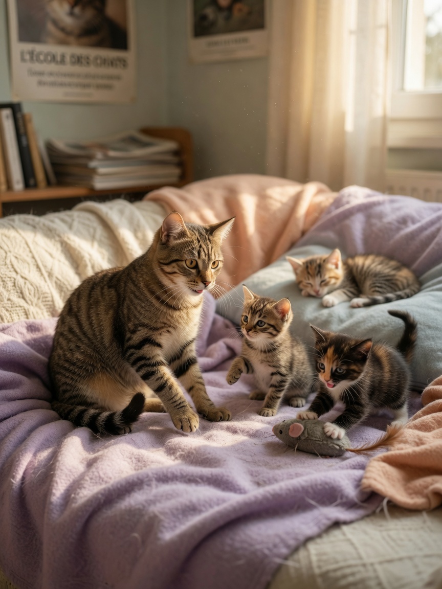 Female tabby cat teaching hunting skills to kittens in a cozy indoor nest, demonstrating instructive behavior