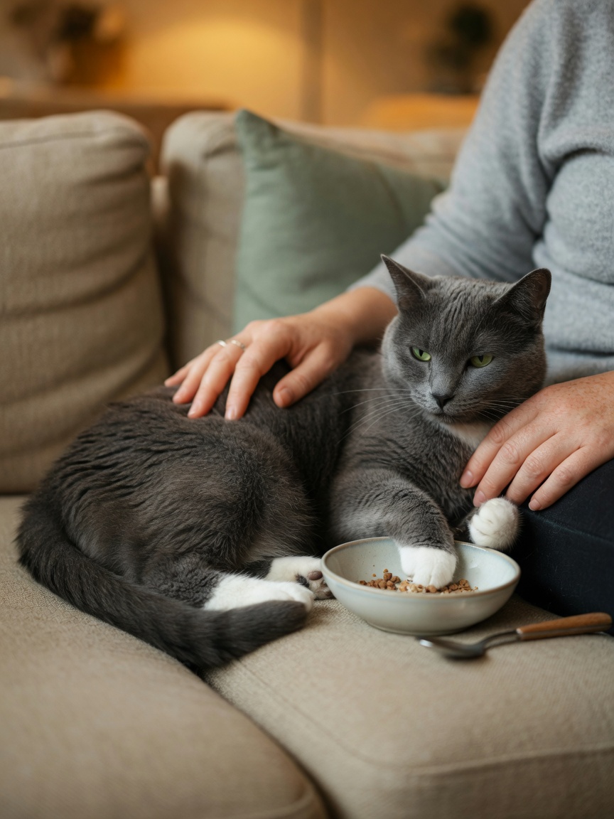 Grey and white cat resting beside owner on couch, hand-to-back contact showing affection and social bonding