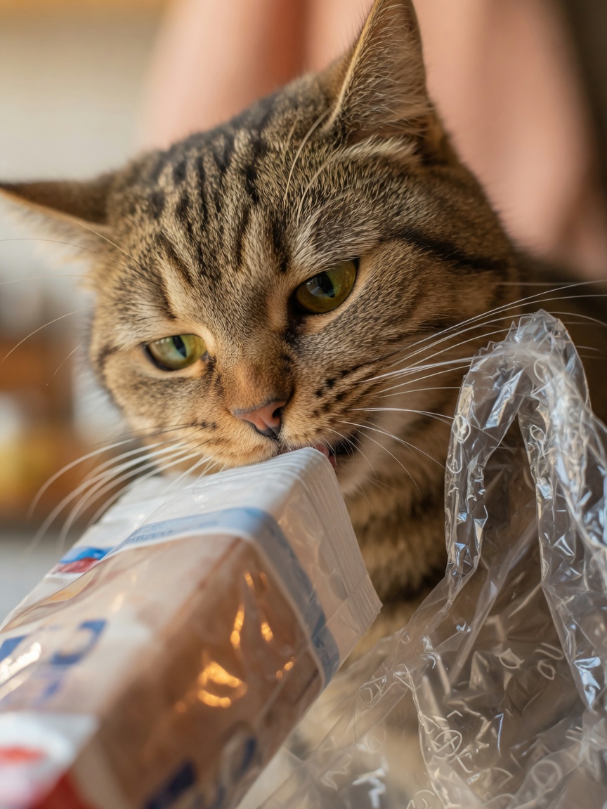 Close-up of cat examining plastic package texture with focused interest
