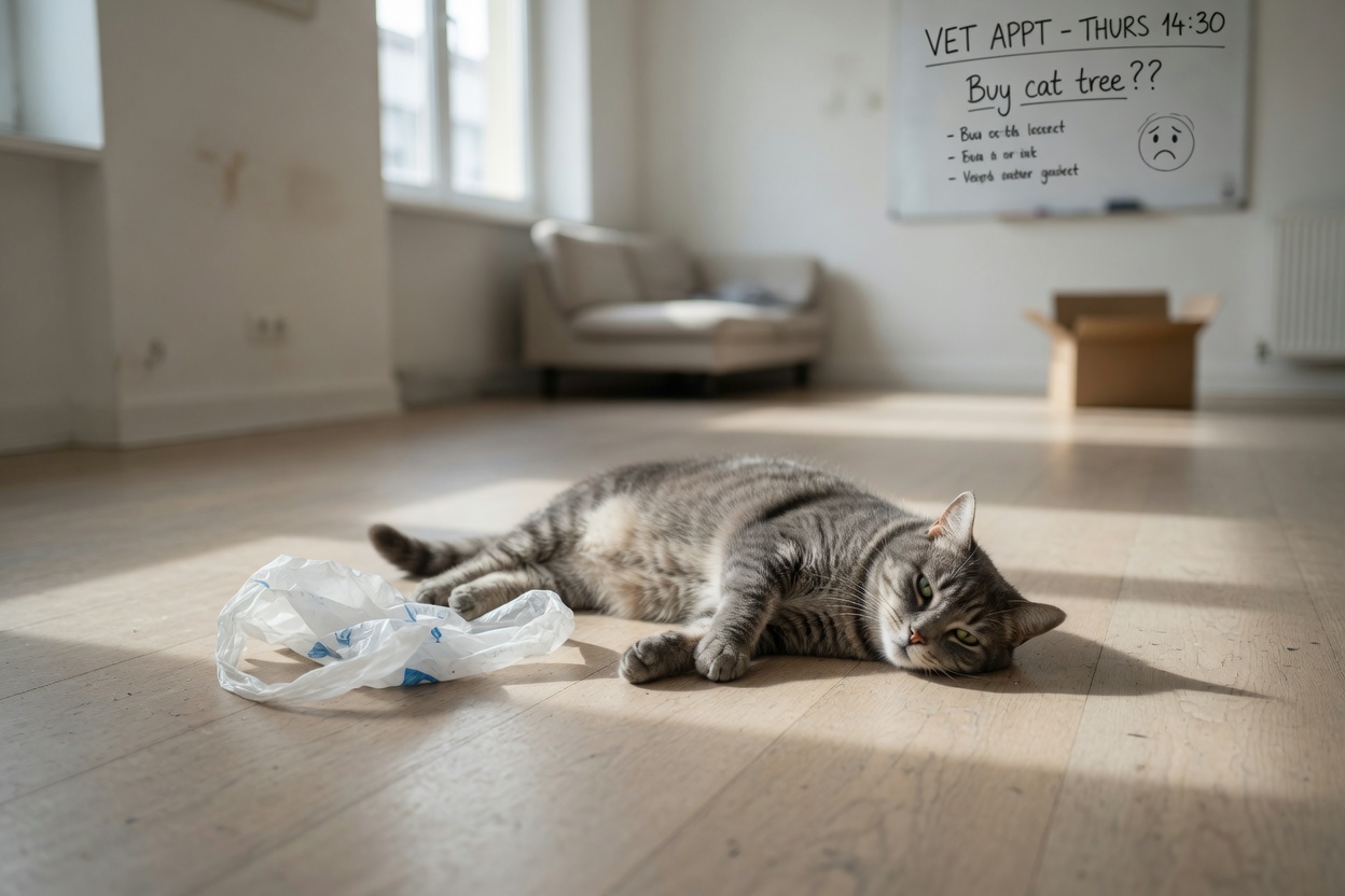 Under-stimulated tabby cat lying on bare floor near plastic bag