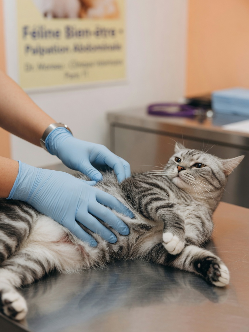 A veterinarian in gloves performing an abdominal examination on a cat during a health check