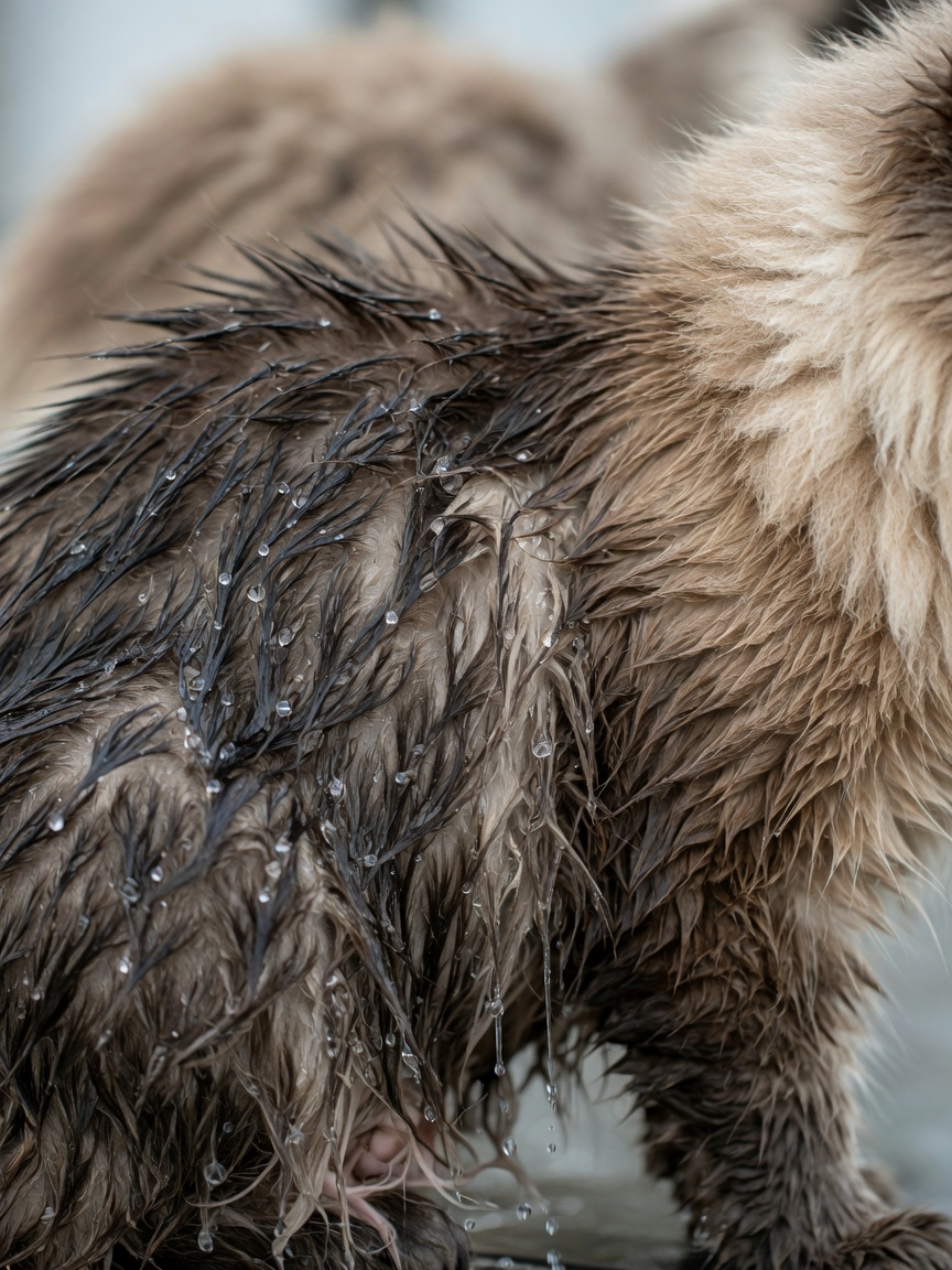 Macro close-up of saturated wet cat fur next to dry fur showing the heavy weight of water absorption