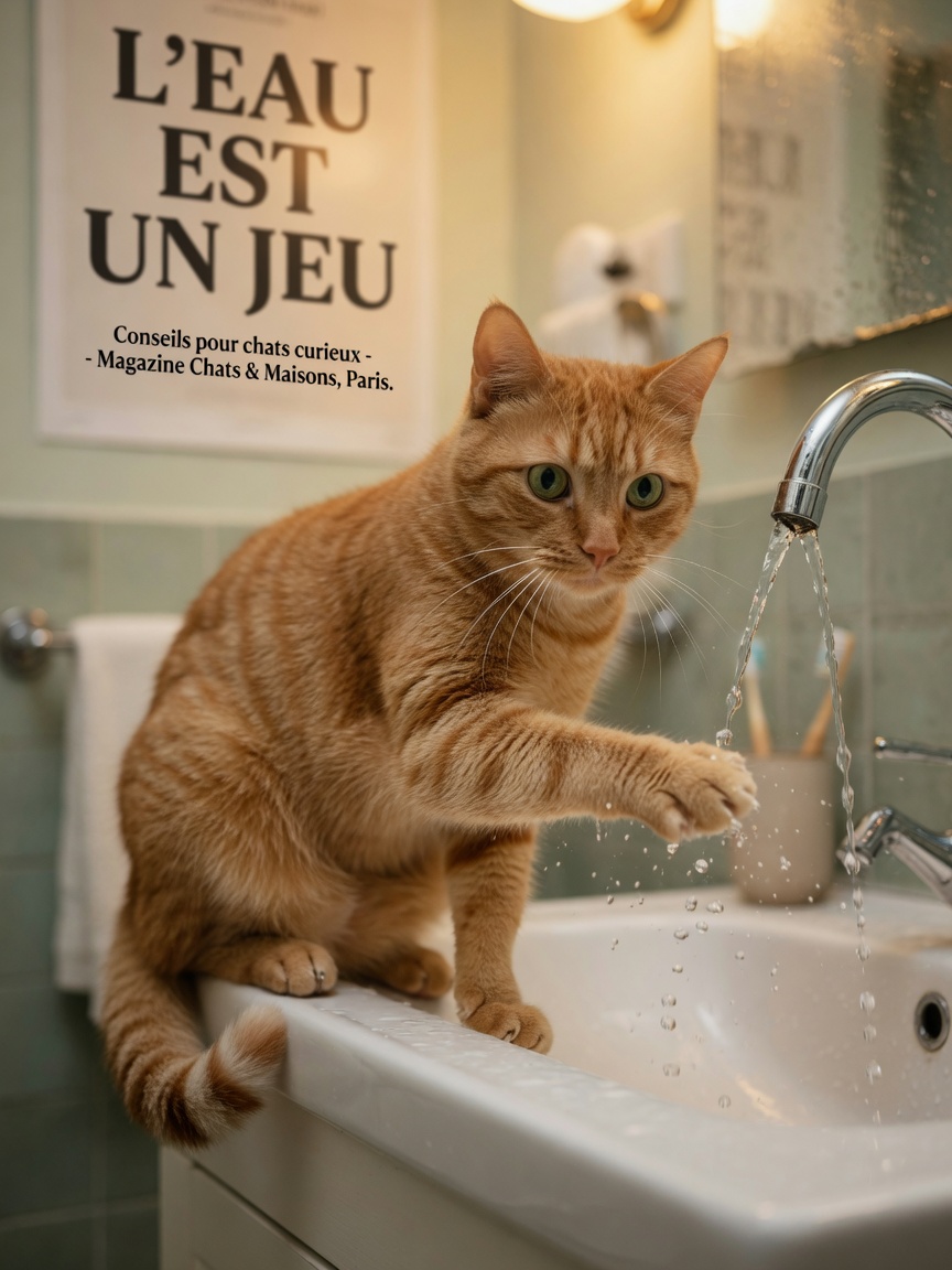 Curious ginger cat playfully batting at running tap water with focused, engaged body language and forward ears