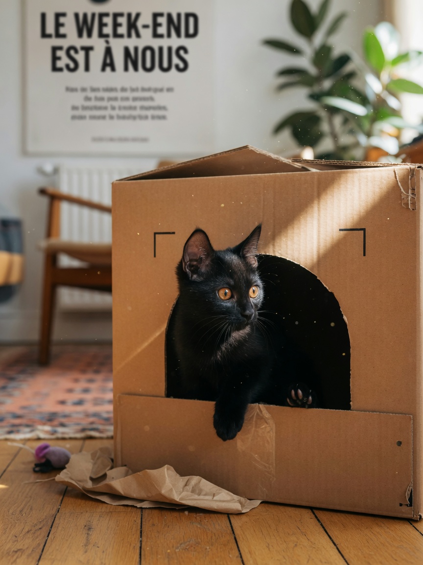 Young black cat exploring a cardboard box with cut-out entrance in natural sunlight