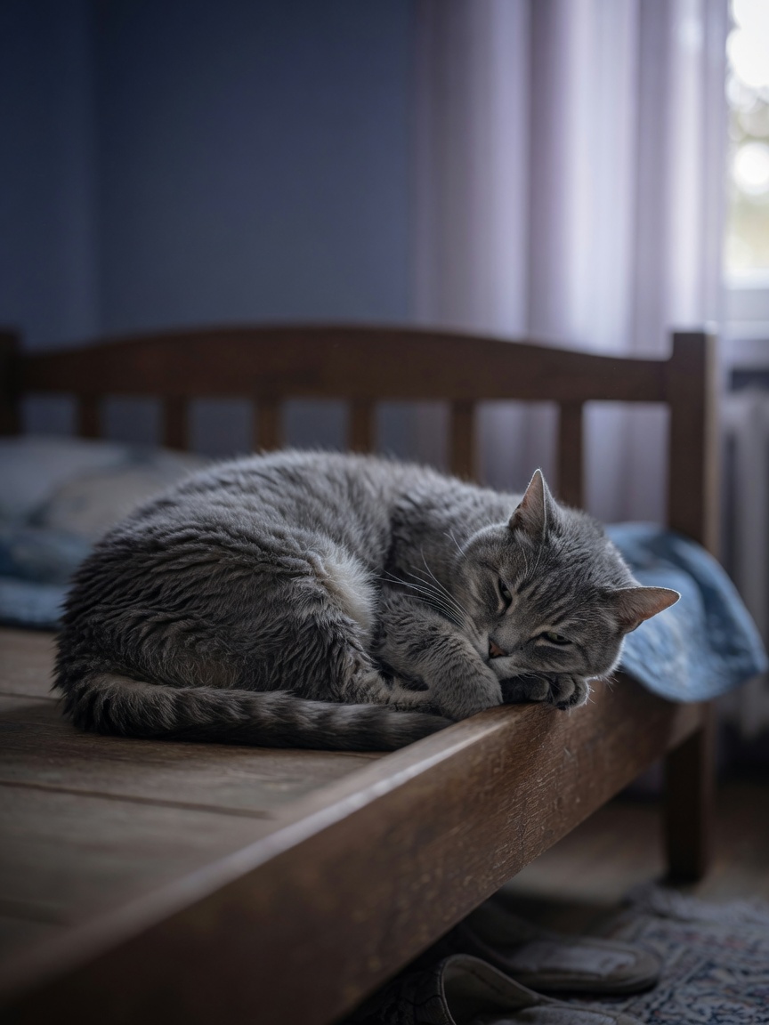 Elderly grey tabby cat lying withdrawn beneath a bed, showing signs of illness and lethargy