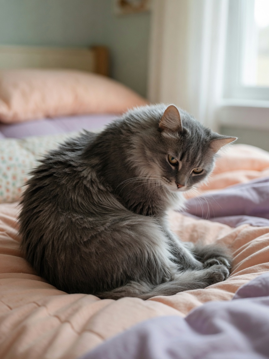 Cat displaying hunched posture with rounded back and lowered head indicating pain