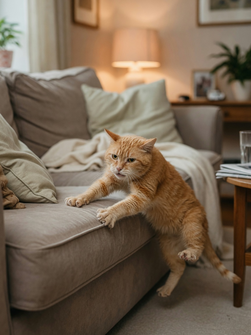 Elderly cat struggling with reluctance to jump onto furniture, showing signs of chronic musculoskeletal pain