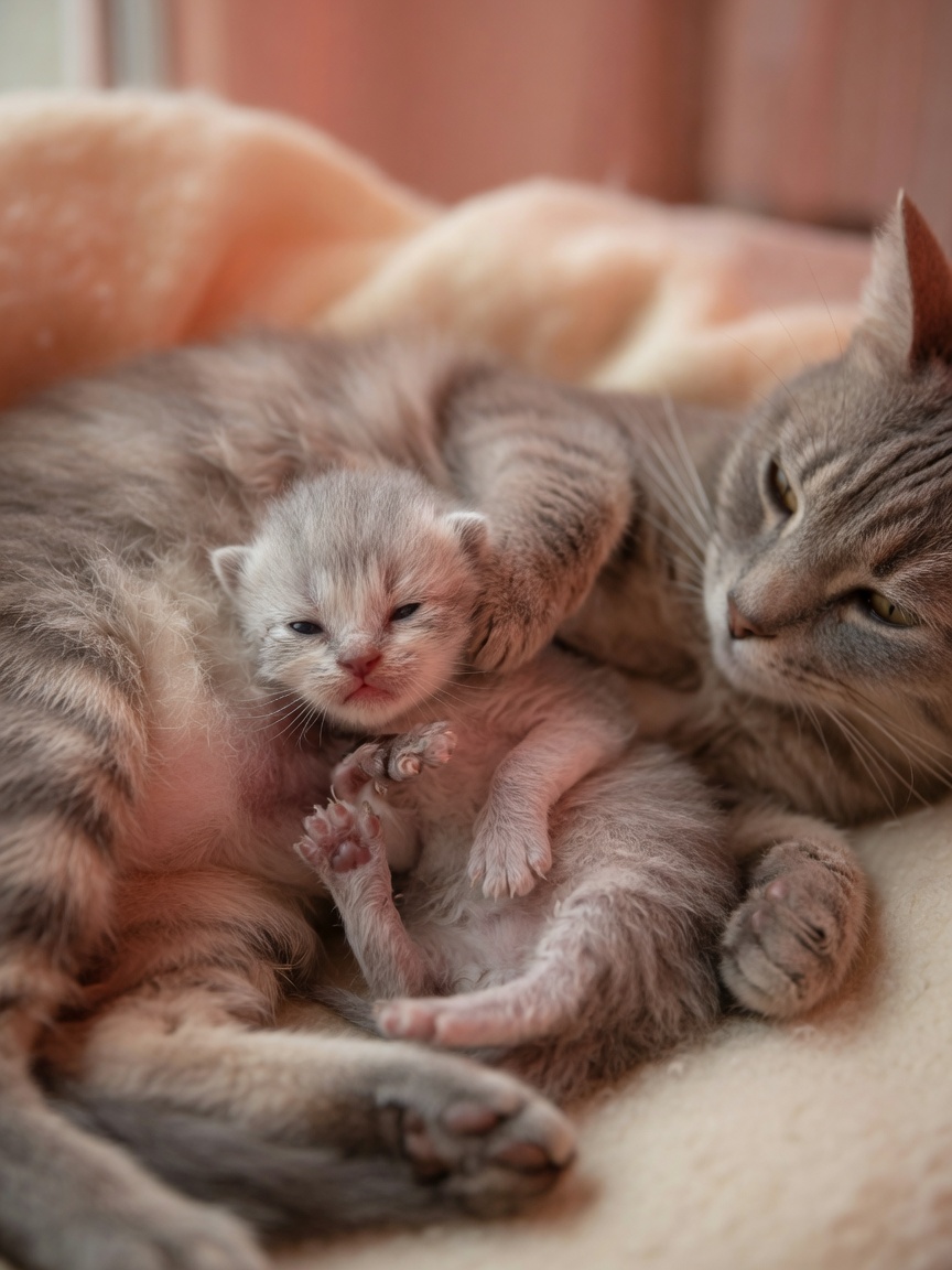 A newborn kitten kneading its mother cat while nursing, demonstrating the instinctive nursing reflex behavior in warm natural light.