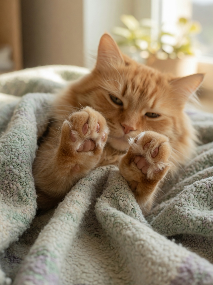 Close-up of a ginger cat's paws kneading a soft blanket, highlighting the paw pad contact and scent-marking behavior with natural light.