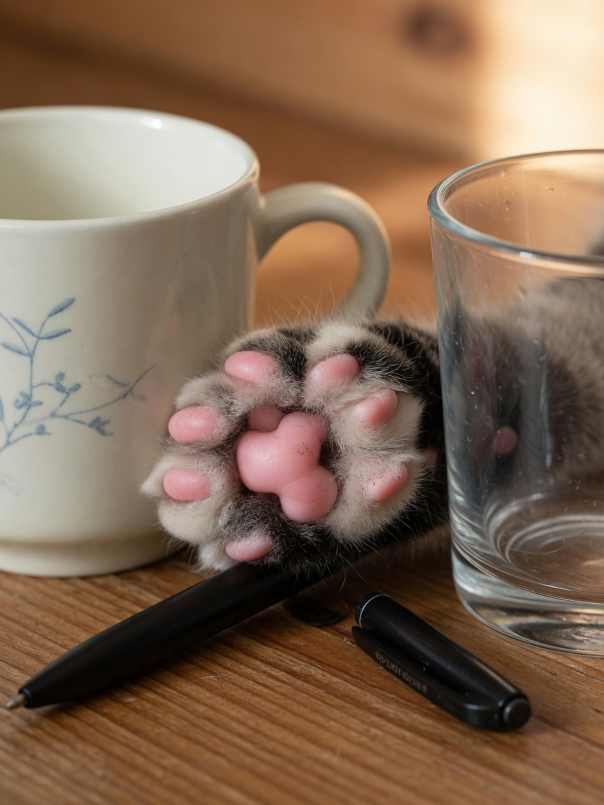 Close-up of a cat's sensitive paw pads making contact with ceramic and glass objects on a wooden surface