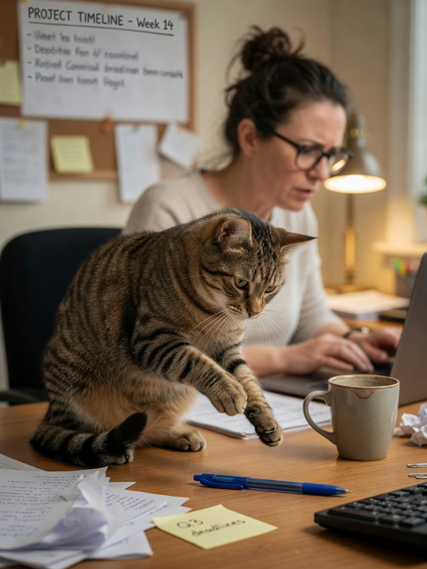 Cat positioned on a work desk with paw ready to knock over objects while a person works nearby unaware