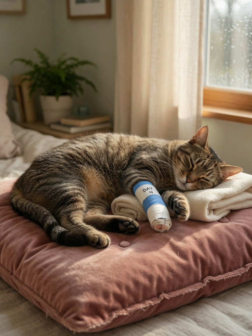 A healing tabby cat with a bandaged paw resting peacefully on soft bedding, demonstrating the healing frequency hypothesis