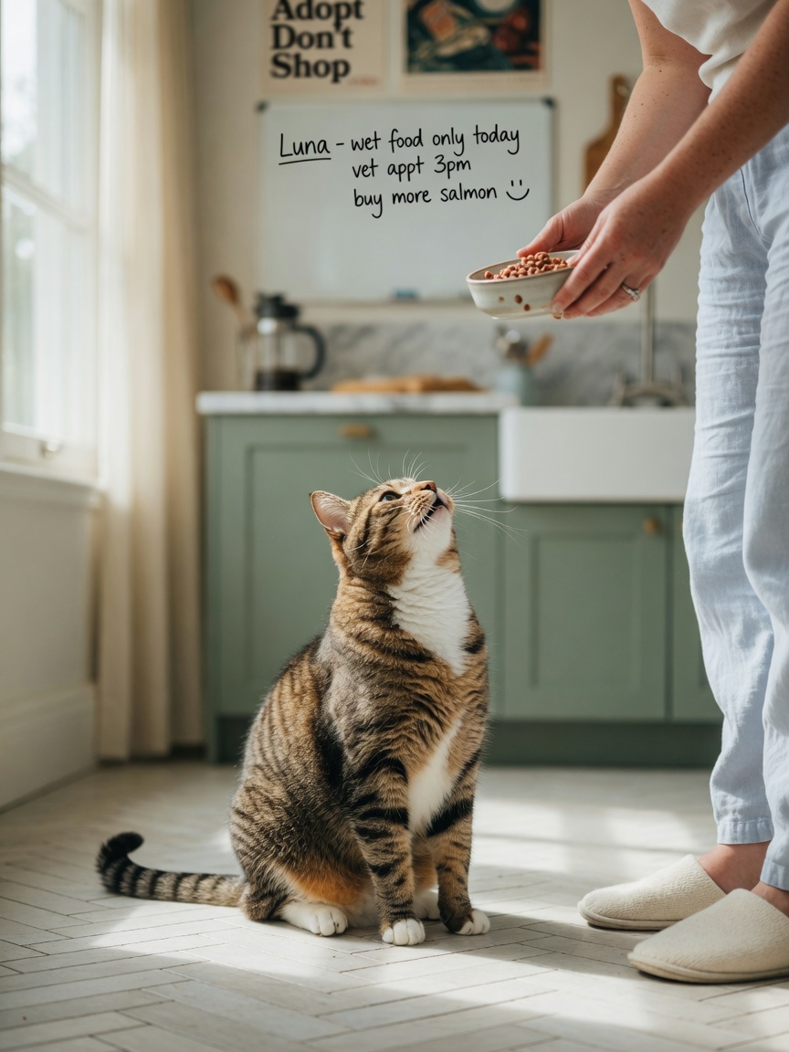 A cat using the solicitation purr with mouth open, communicating with its owner in the kitchen to request food