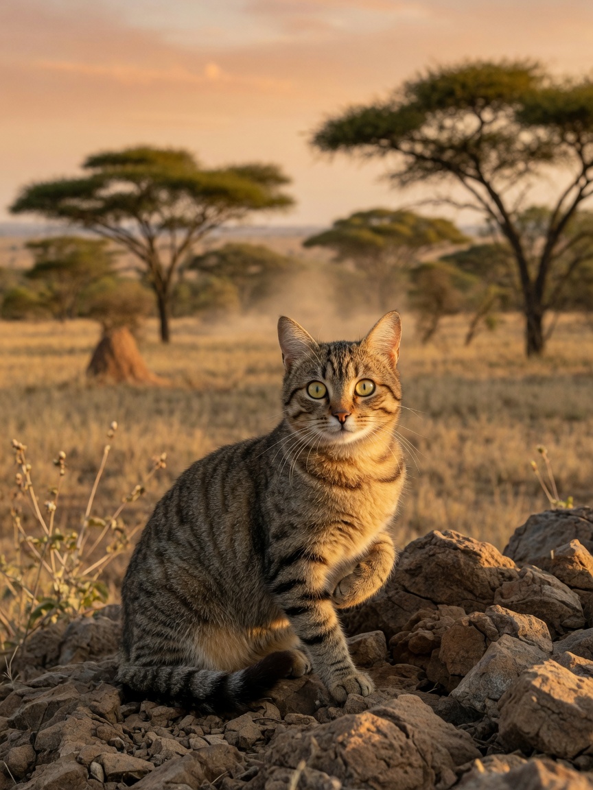 Domestic tabby cat in natural landscape evoking African wildcat ancestry and evolutionary origins
