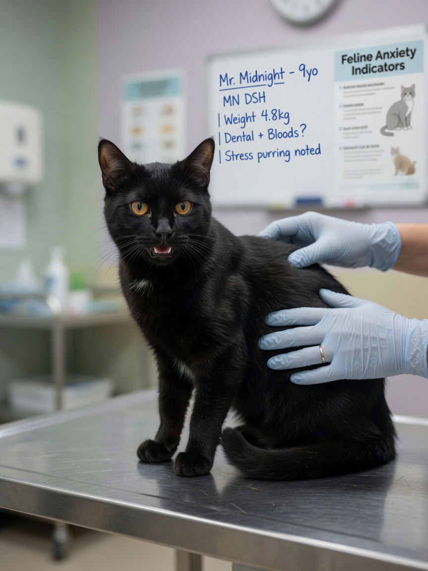 Un gatto che fa le fusa durante una visita veterinaria come risposta di auto-consolazione allo stress e al disagio
