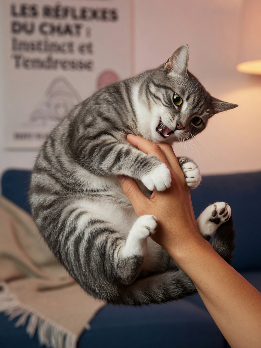 Um gato a realizar um envolvimento defensivo em torno de uma mão humana, demonstrando o reflexo instintivo que os gatos têm quando a sua barriga é tocada.