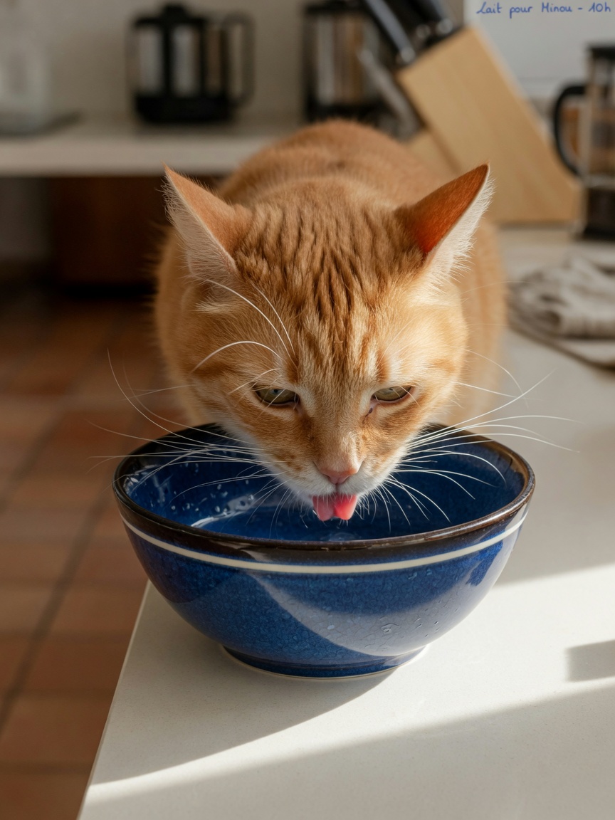 Ginger cat demonstrating whisker fatigue as long whiskers touch the narrow rim of a deep water bowl