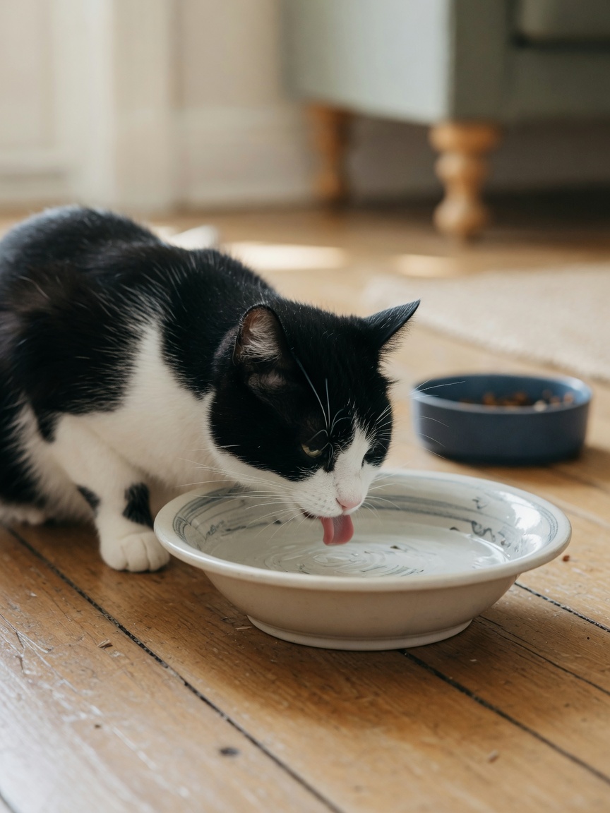 Black and white cat drinking comfortably from a wide, shallow ceramic water bowl with whiskers clear of the rim
